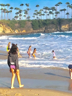 Beach goers frolicking in the surf at Crescent Bay Beach